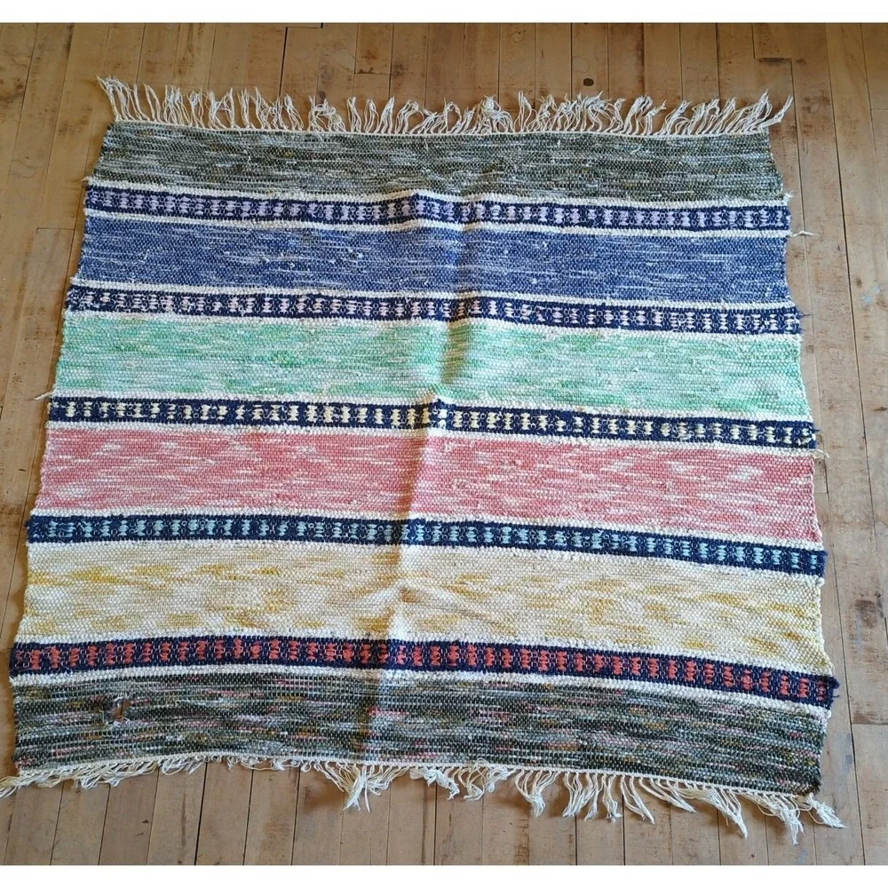 Antique Imported Swedish Hand Made Rag Rug Runner‎ (42 x 38 inches) Very Pretty